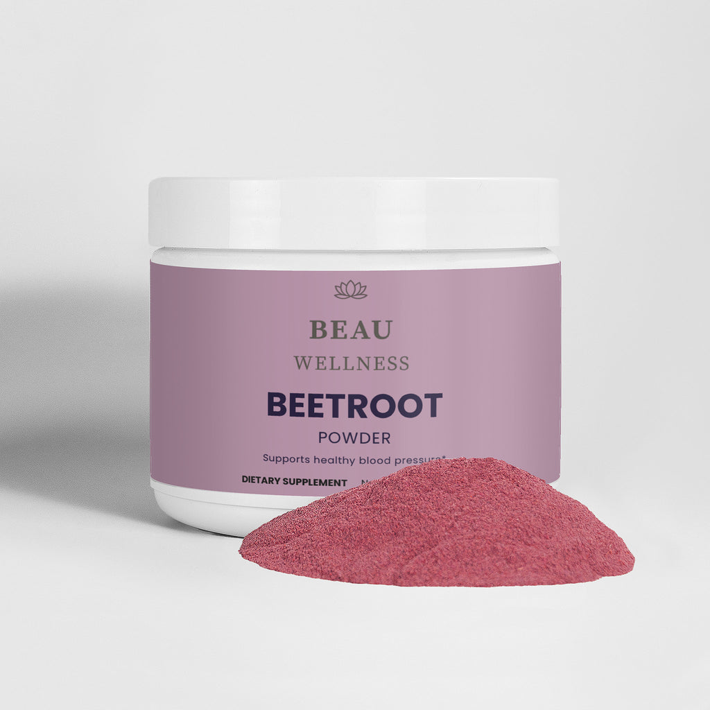 Beau Wellness Beetroot Powder drink mix with hibiscus flower and apple juice powder for cardiovascular health, normal blood pressure, and workout recovery support on white background.