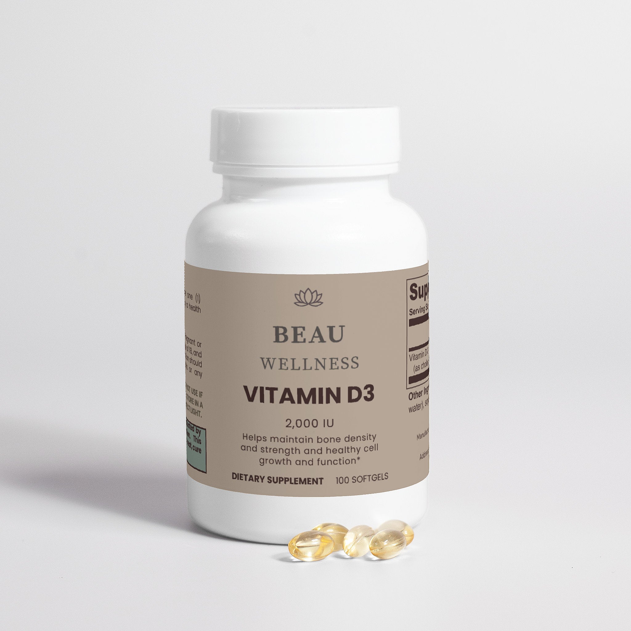 ⁠Beau Wellness Vitamin D3 2,000 IU Softgels for Bone and Immune Support⁠ bottle on white background.
