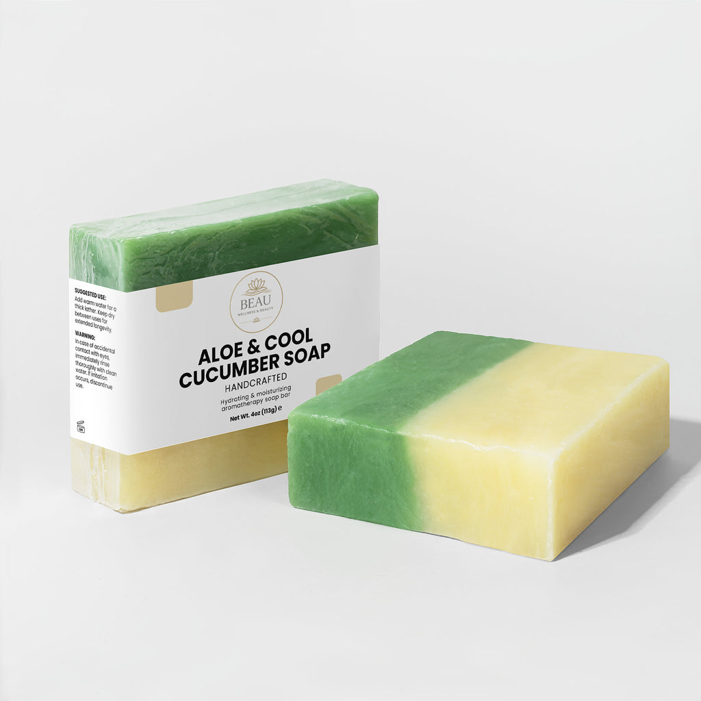 Two handcrafted bars of Aloe & Cool cucumber soap, one wrapped and one unwrapped, with a visible Beau Wellness & Beauty label on a light gray background.