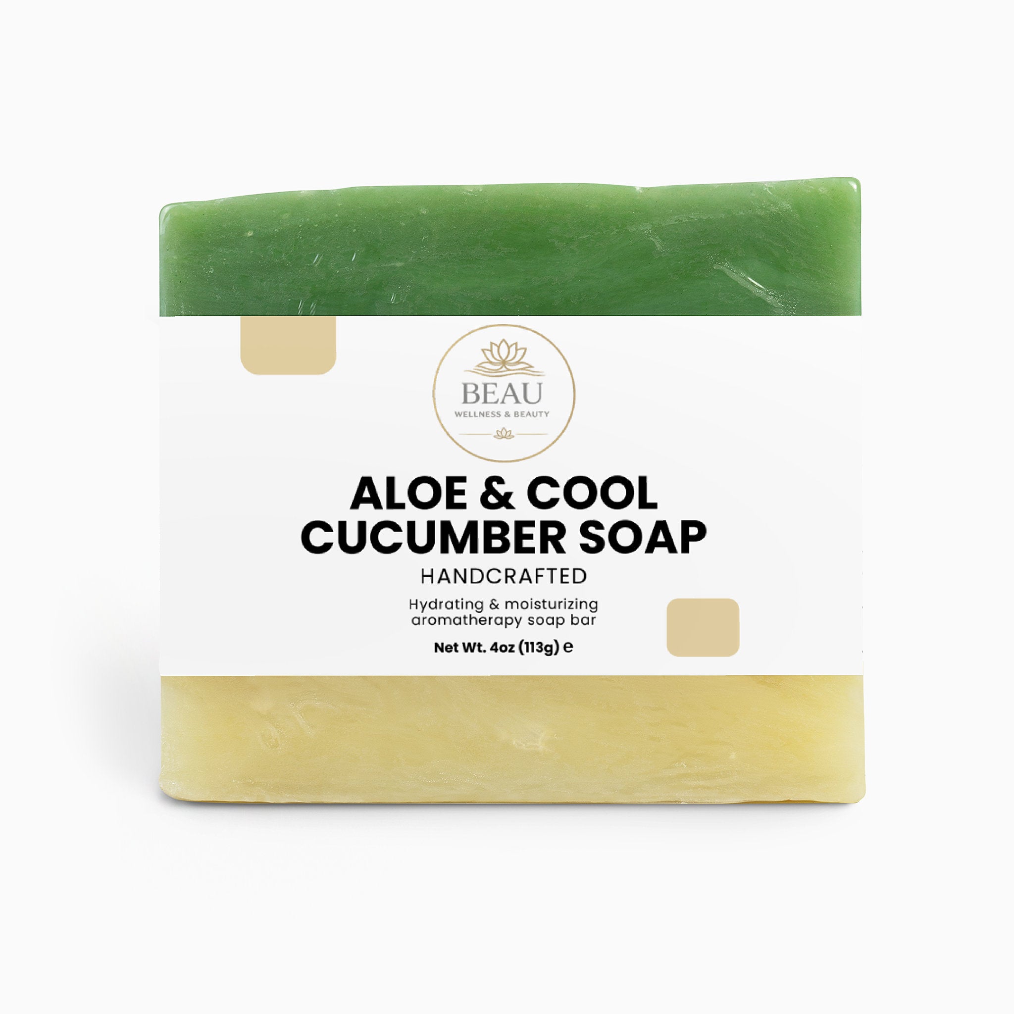 Aloe & Cool Cucumber soap handcrafted bar with 'BEAU' Wellness & Beauty branding on a white background