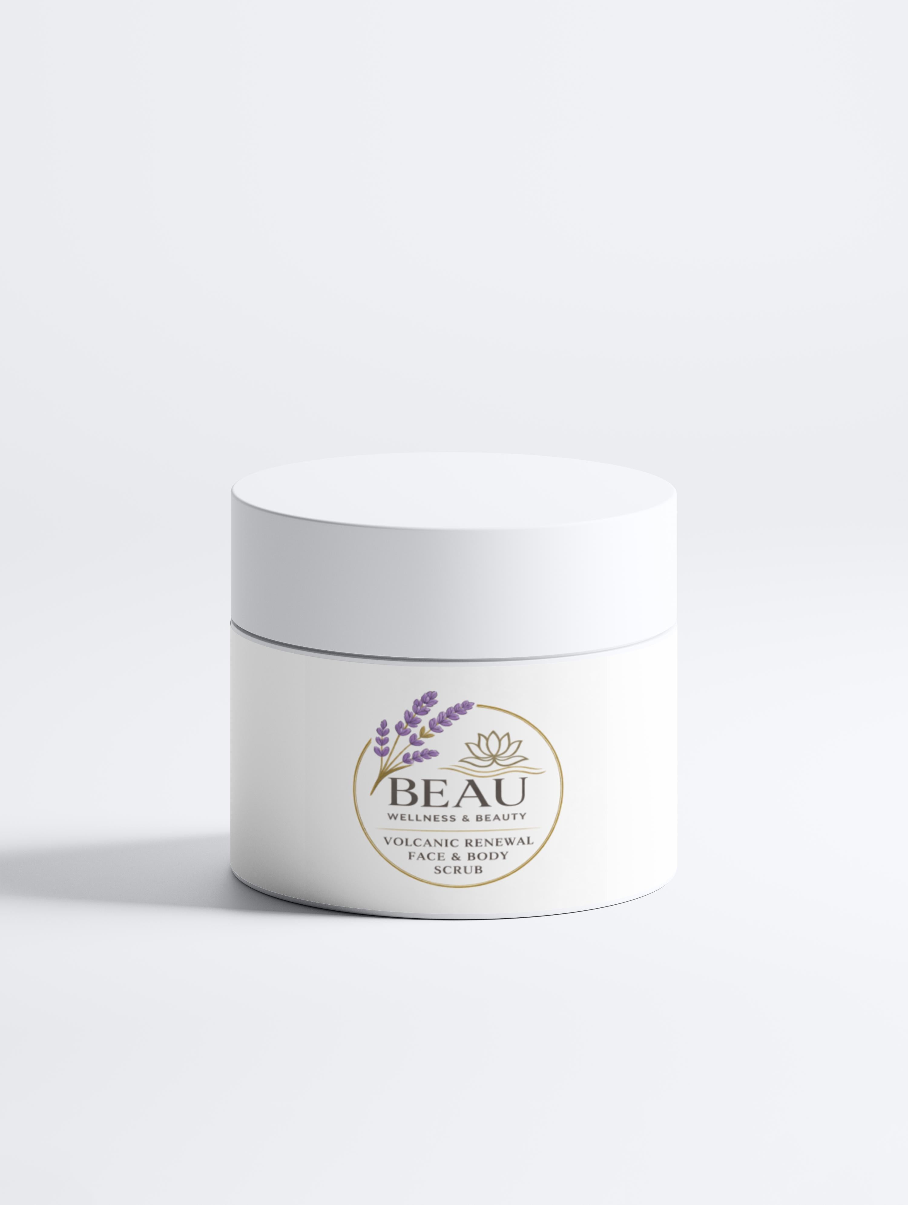 BEAU Volcanic Renewal Face & Body Scrub in a minimalist white jar with lavender botanical illustration.