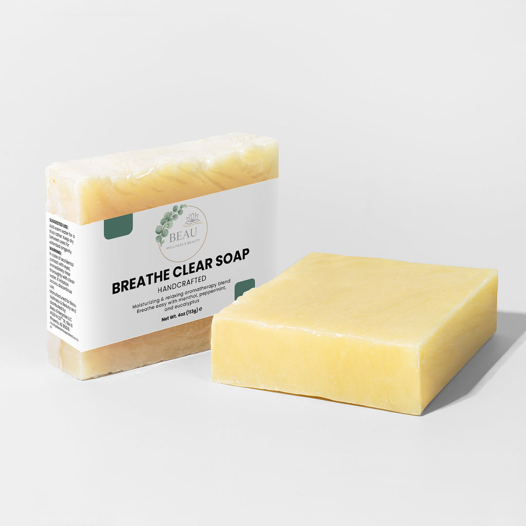 Beau Breathe Clear soap handcrafted bar with peppermint and eucalyptus blend with packaging on a white background