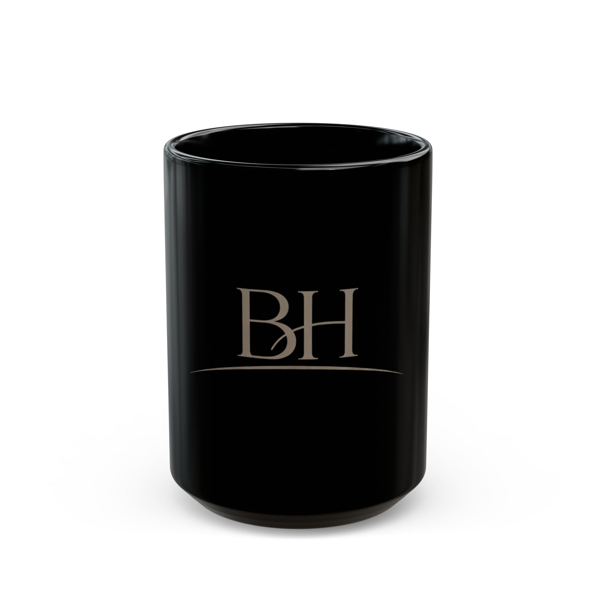 Black Beau House with BH Monogram Ceramic Mug on a white background