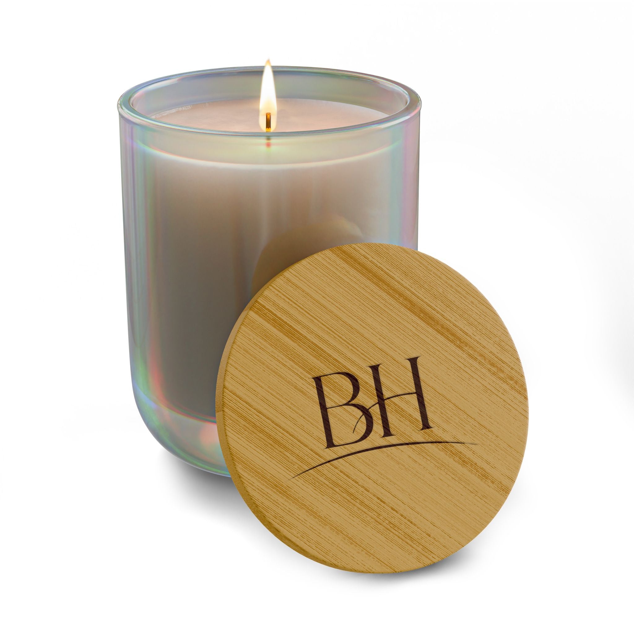 Beau Hose Ritual Scented Soy Candle in a glass jar with a wooden lid labeled 'BH logo on a white background