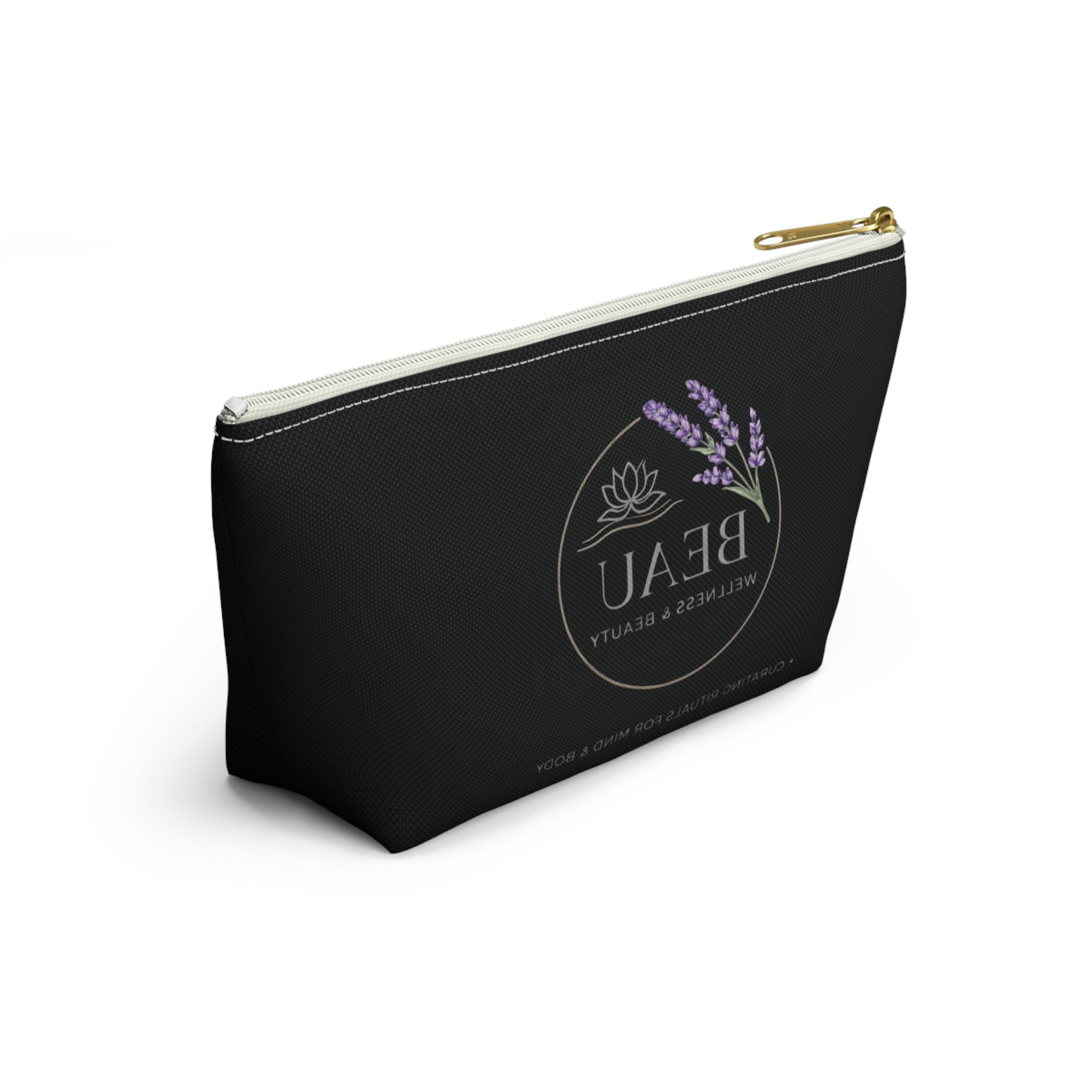 Black Travel Cosmetic Pouch with BEAU wellness & Beauty logo and text on a white background