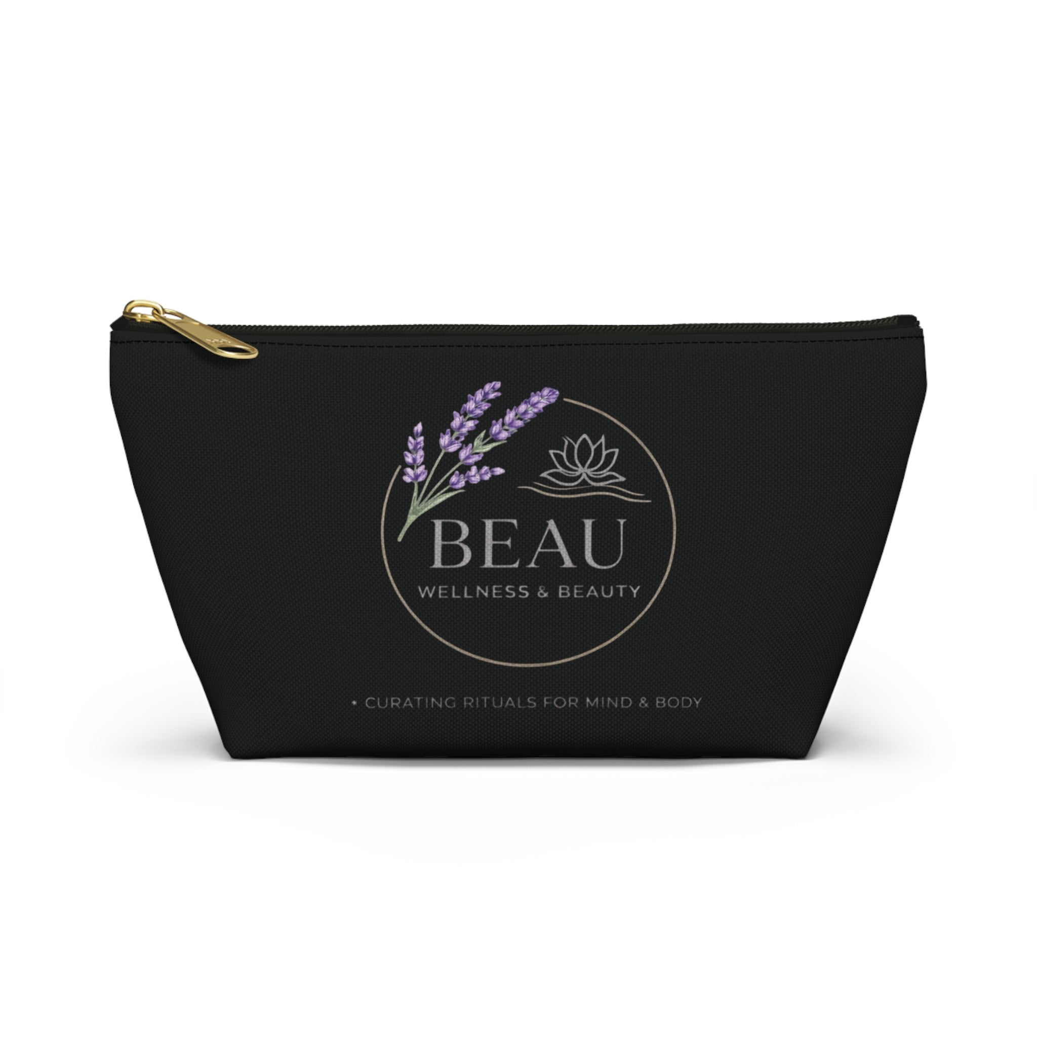 Black cosmetic travel pouch with 'BEAU Wellness & Beauty' logo on a white background