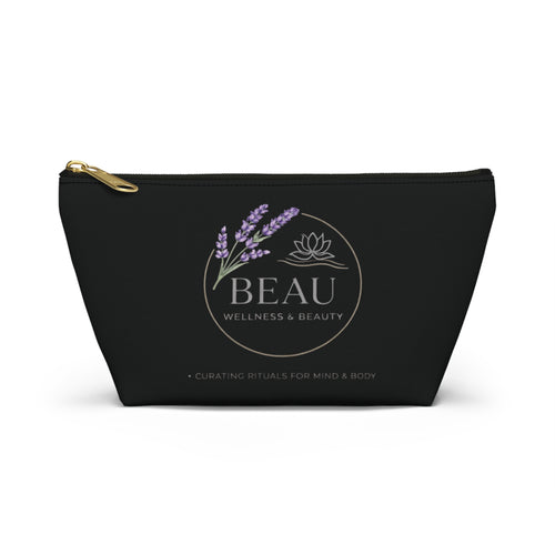 Black cosmetic travel pouch with 'BEAU Wellness & Beauty' logo on a white background