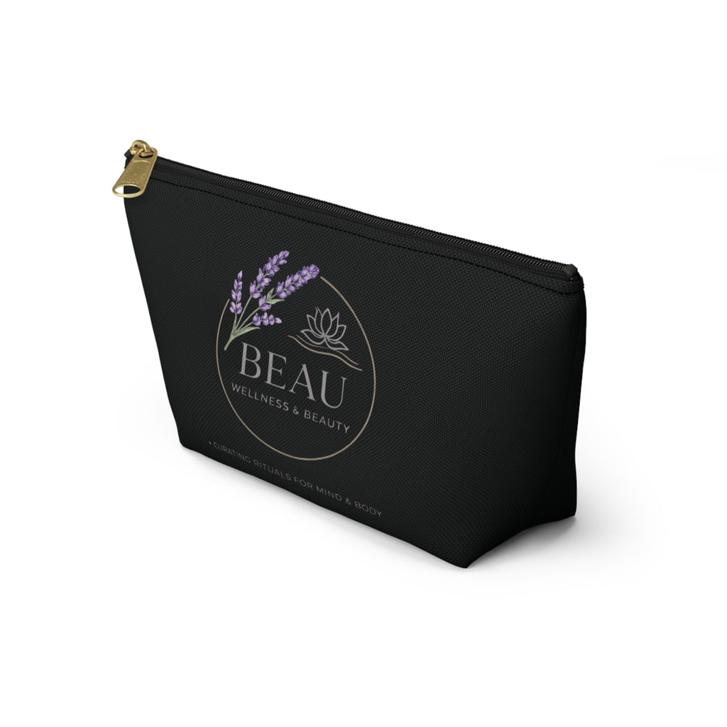 Black Cosmetic pouch with 'BEAU Wellness & Beauty' logo on a white background