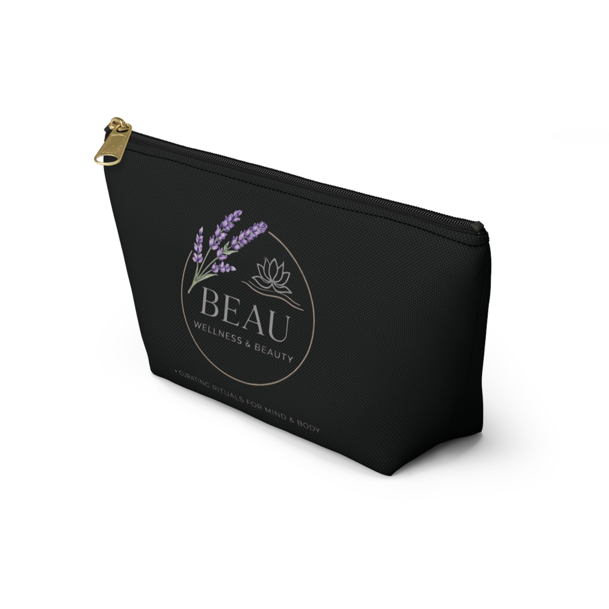 Black Cosmetic pouch with 'BEAU Wellness & Beauty' logo on a white background