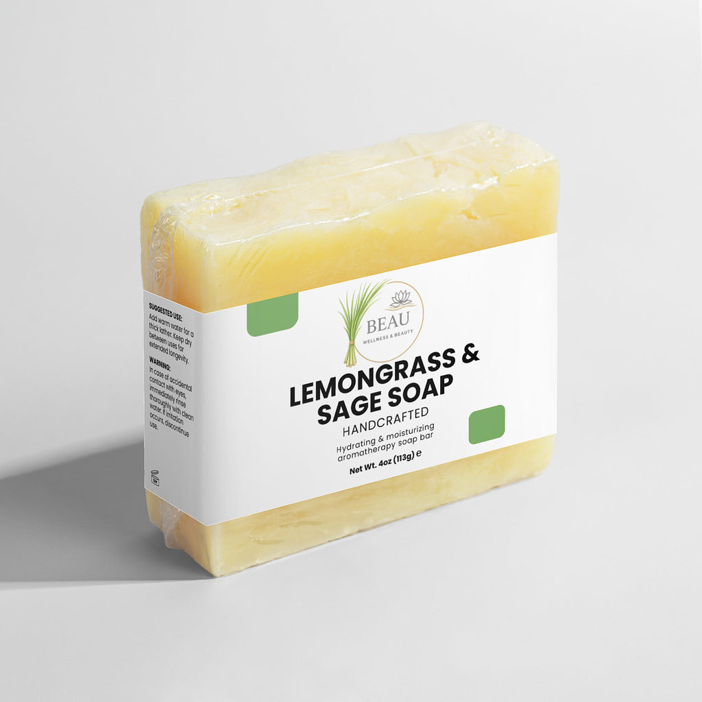 handcrafted Bar of lemongrass and sage soap with a white Beau Wellness & Beauty label on a light gray background