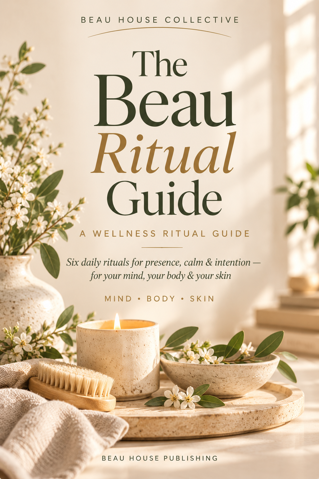 Book cover for 'The Beau Ritual Guide' by Beau House Collective, featuring elegant serif typography over a warm, softly lit spa-themed background with a candle, brush, tray, and small flowers.