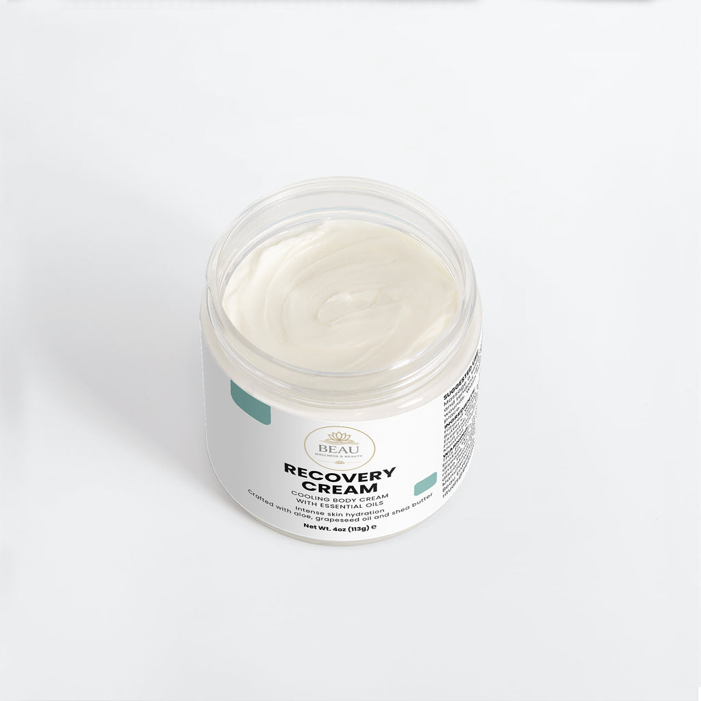 Jar of recovery cream cooling body cream on a white background