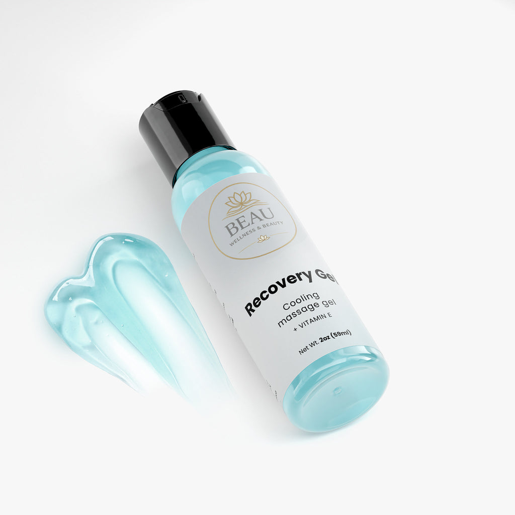 Bottle of 'BEAU' Recovery Gel with a heart-shaped application on a white background