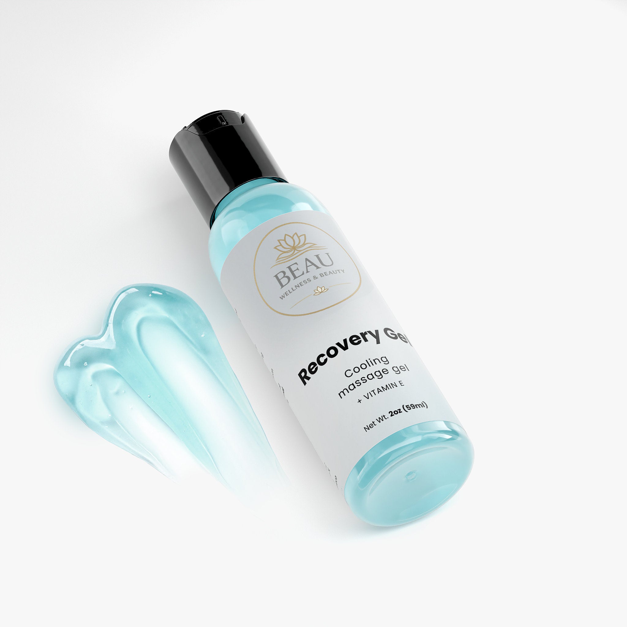 Bottle of 'BEAU' Recovery Gel with a heart-shaped application on a white background