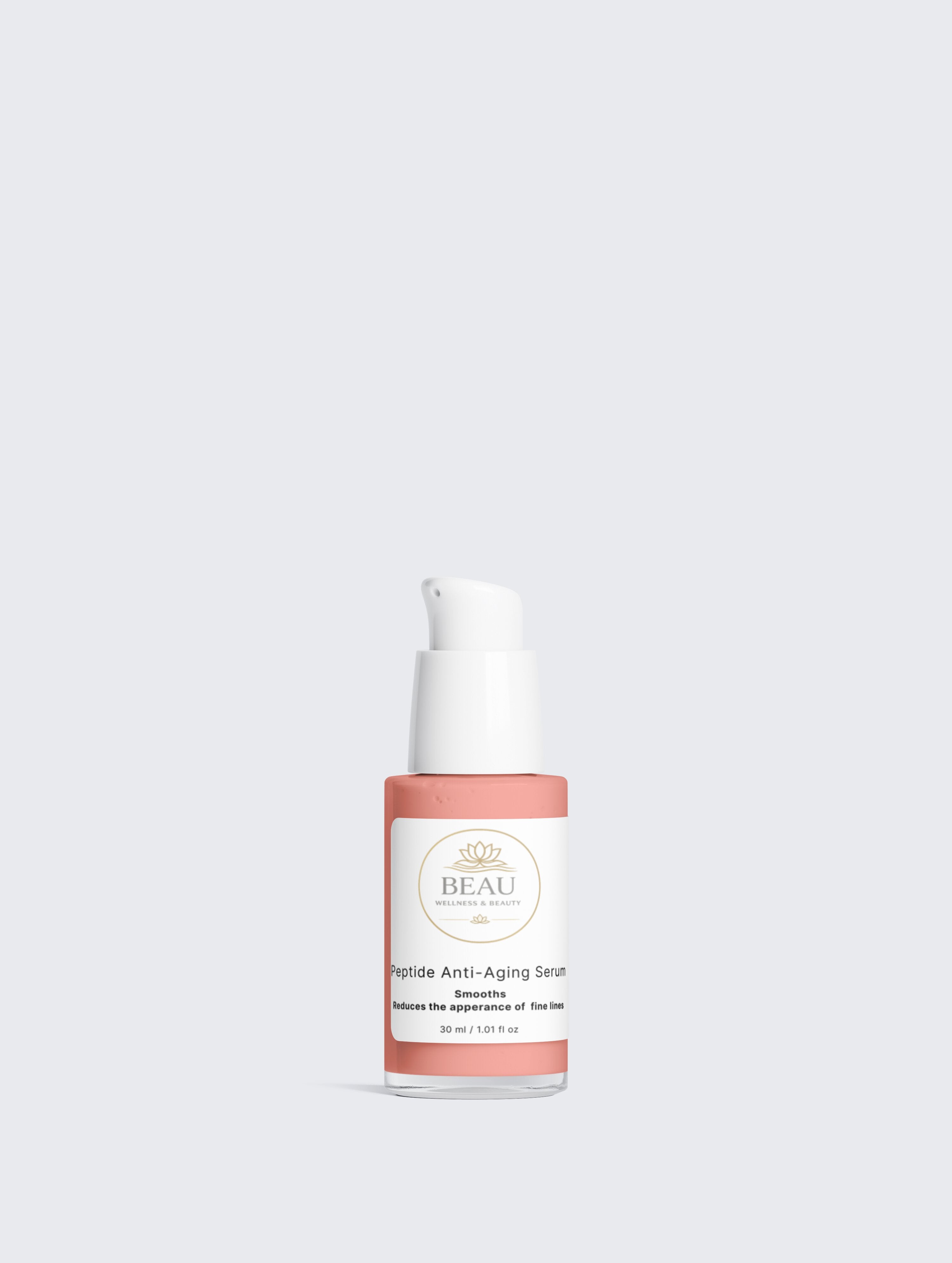 peptide anti-aging serum skincare serum bottle with a white cap and pink label on a light gray backgrouns