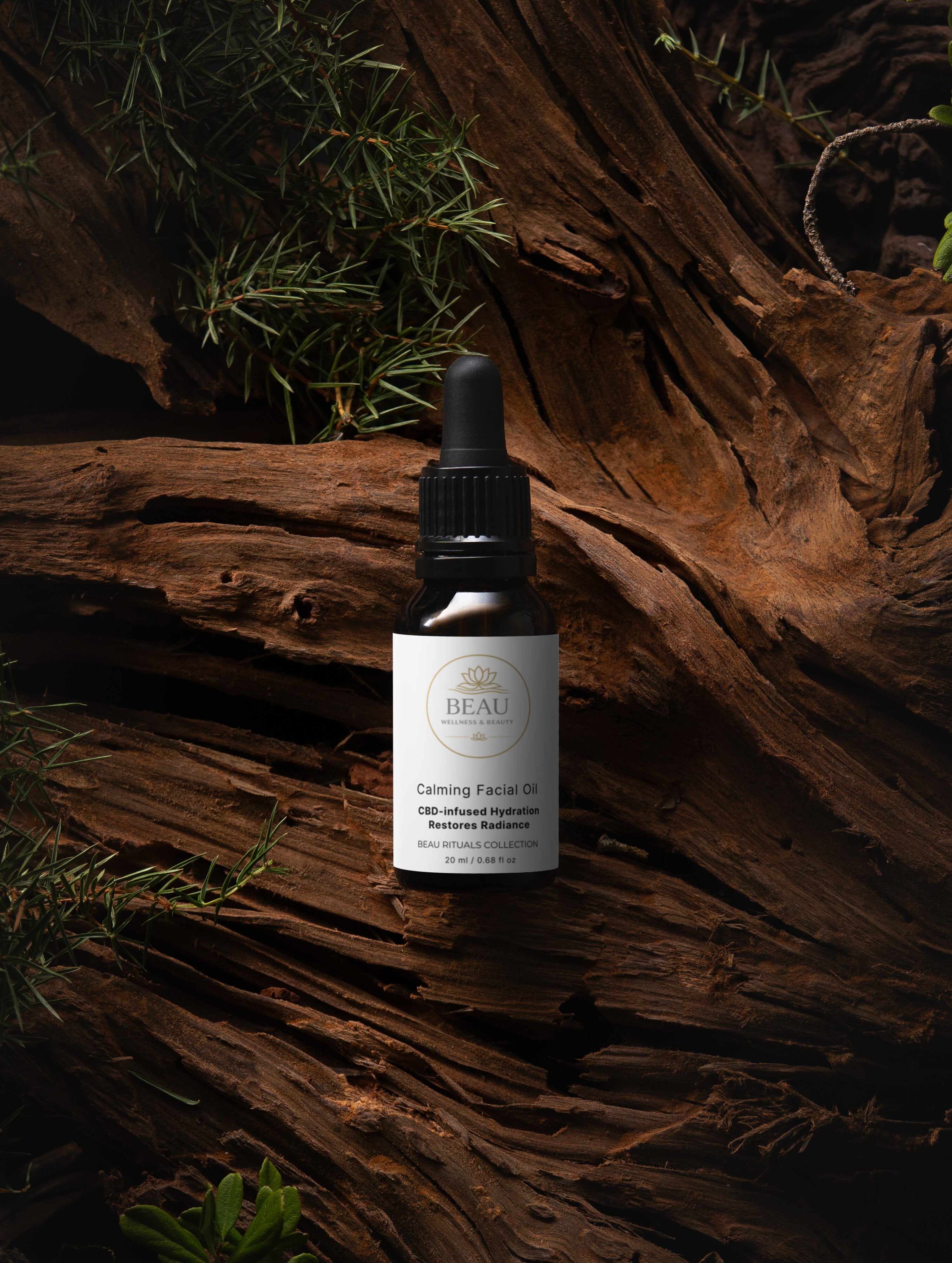 Beau Calming Facial OilSkincare serum bottle on a wooden surface with greenery