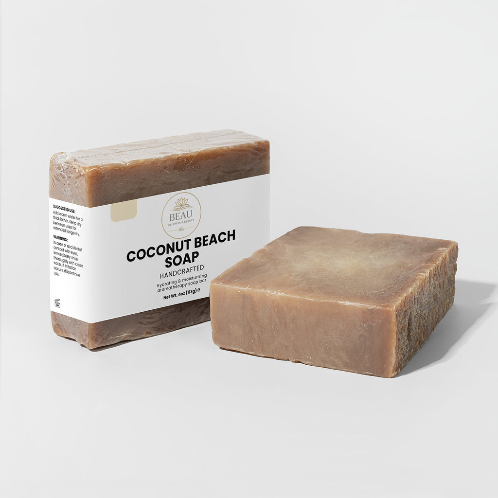 Handcrafted Coconut Beach Soap with a white label on a light gray background