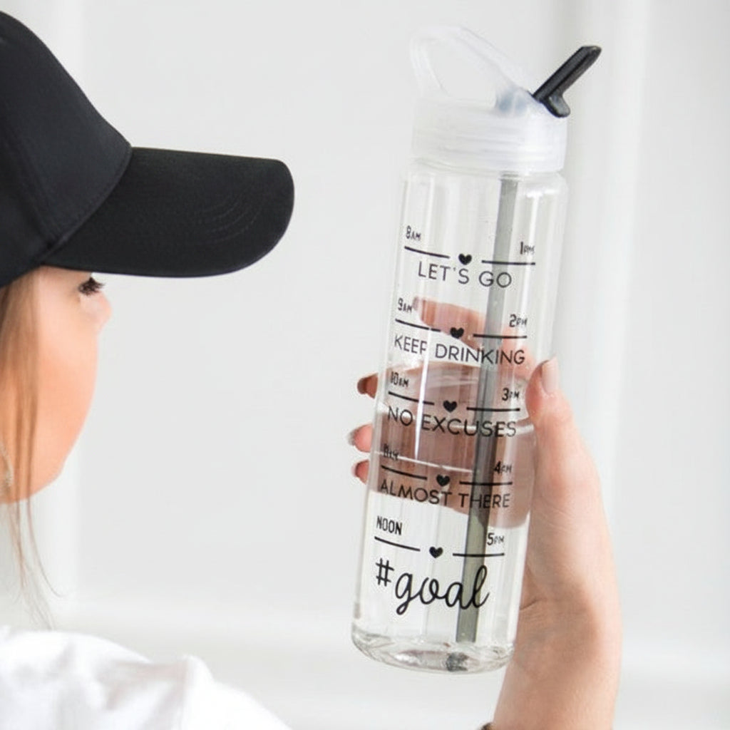 Daily Tracker Straw Water Bottle Clear water bottle with motivational text held by a person wearing a camouflage hat.