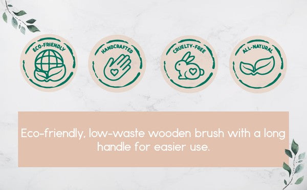 Product info tags eco-friendly, handcrafted, cruelty-free, and all natural for Dual-sided wooden bath brush with natural boar bristles for exfoliation and wooden massage nodules for circulation. 