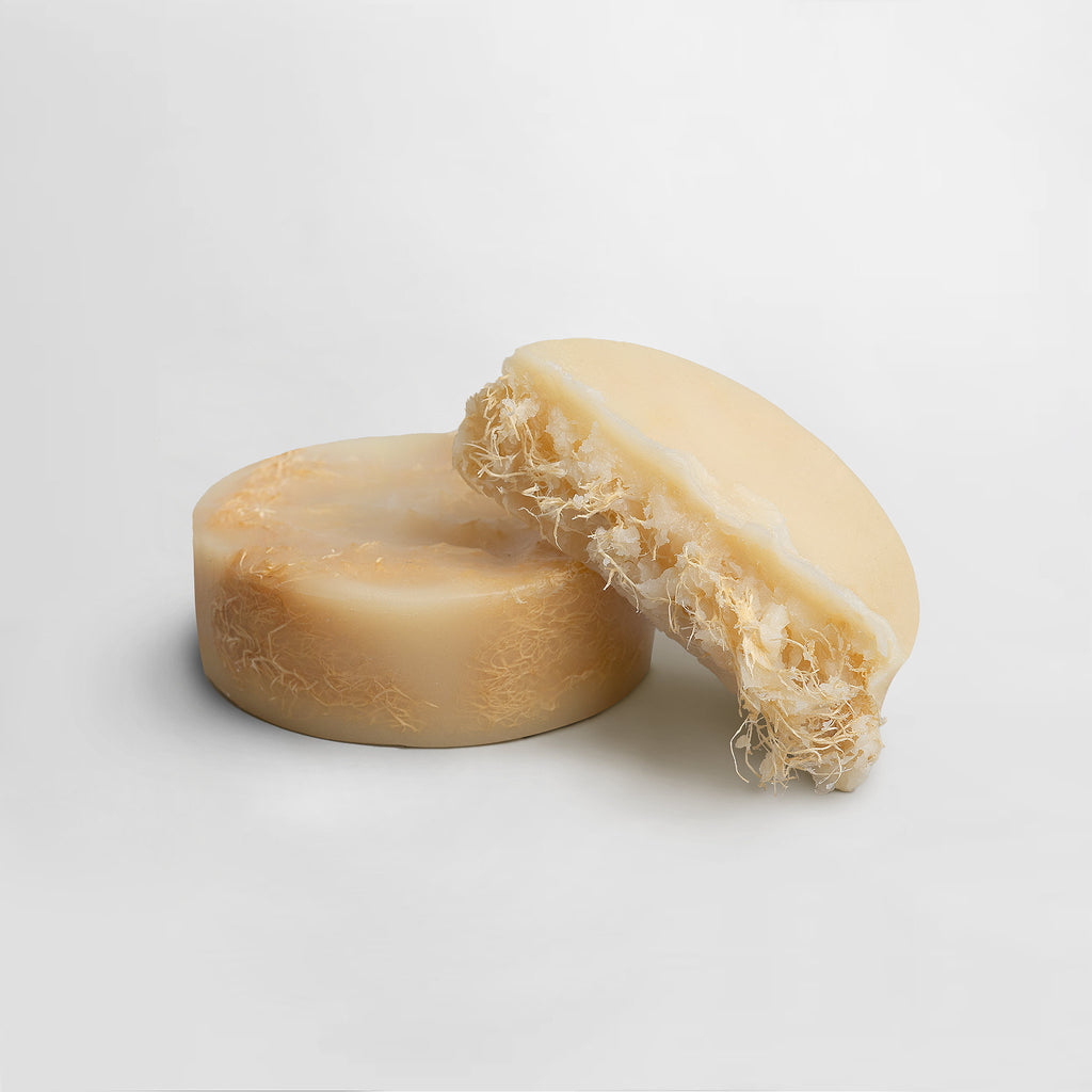 Bar of exfoliating Luffa soap with a natural texture on a light gray background