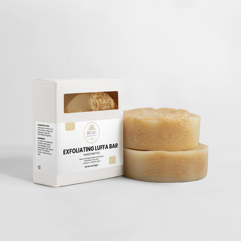 Exfoliating Luffa Bar with packaging on a white background