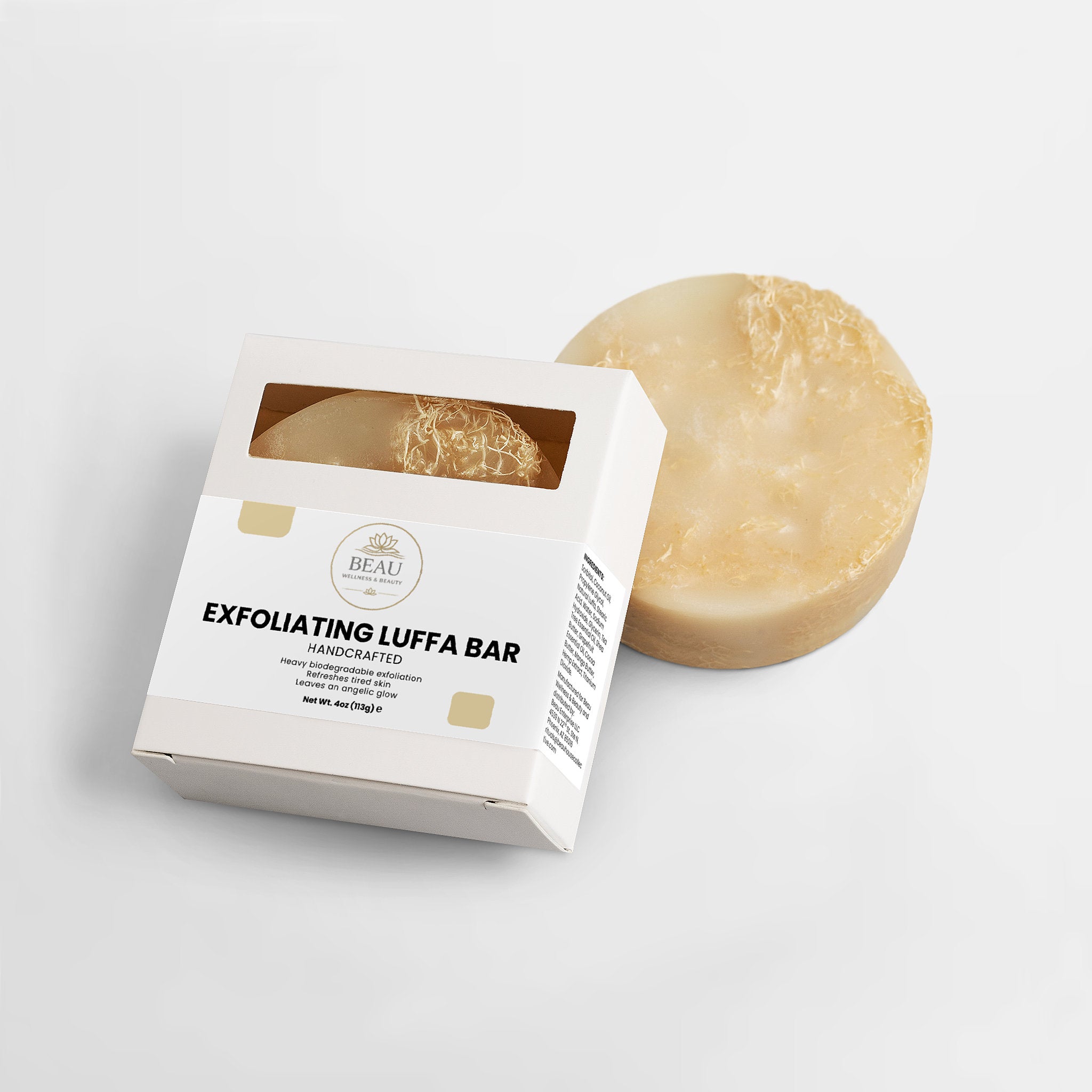 Exfoliating Luffa bar with packaging on a light gray background