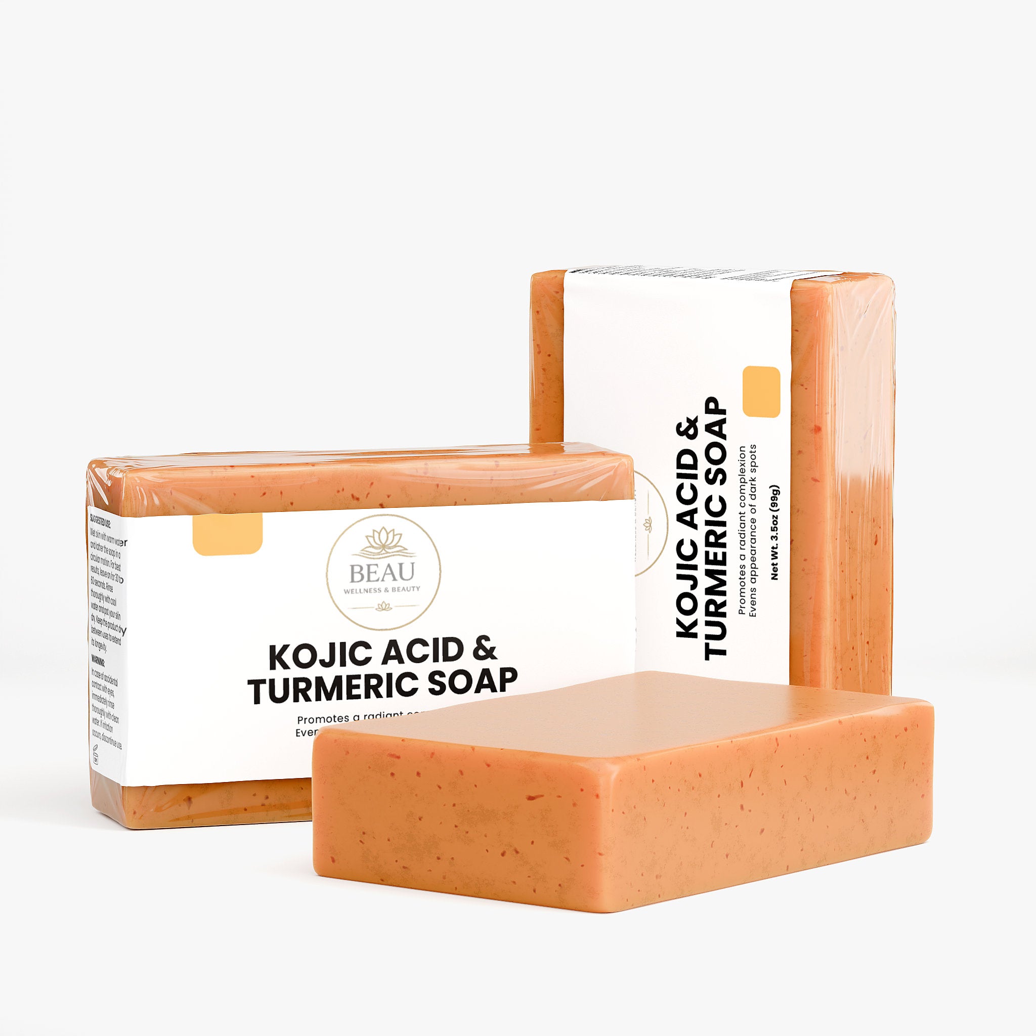 Kojic Acid & Turmeric Soap with Beau Wellness & Beauty packaging on a white background
