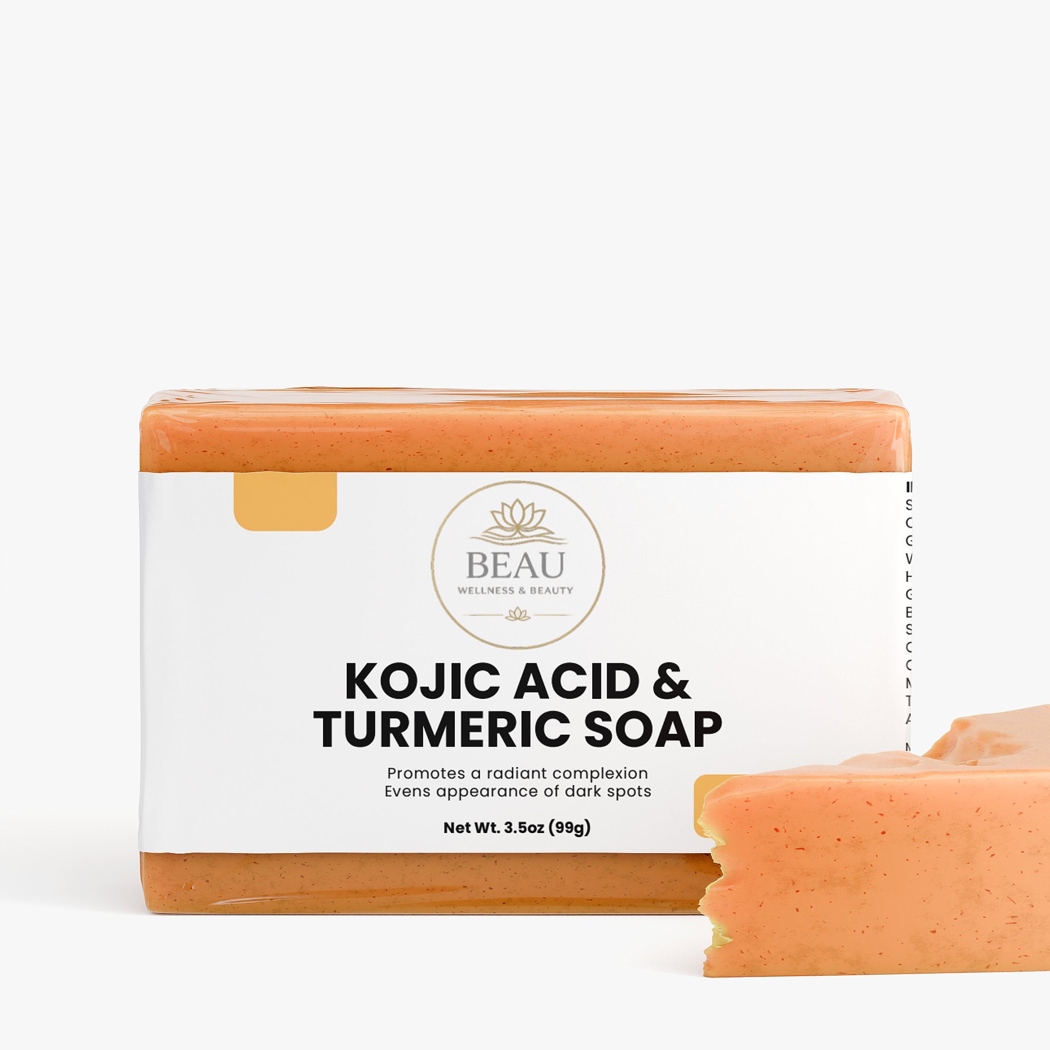 Kojic Acid & Turmeric Soap with Beau Wellness & Beauty packaging on a white background