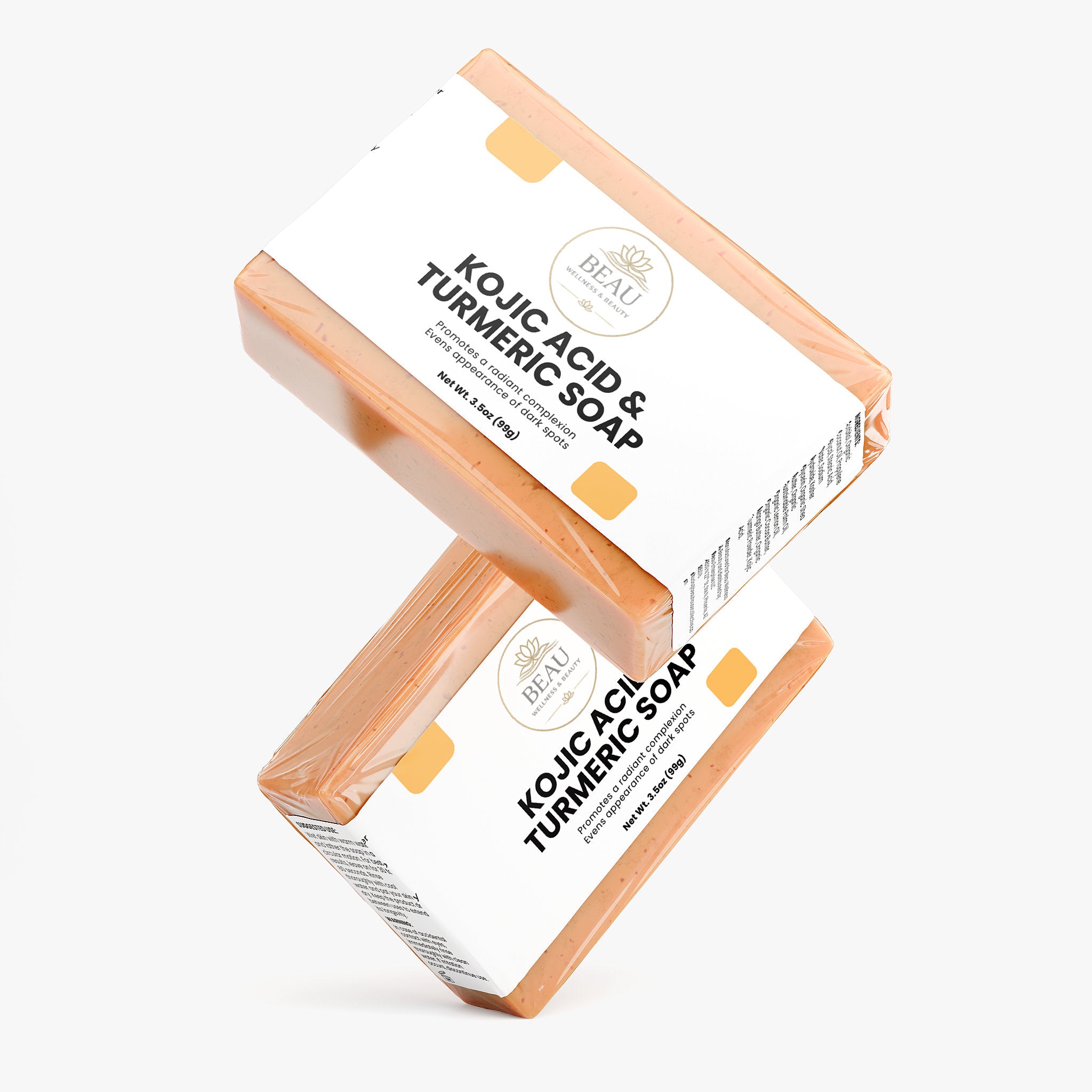 Two bars of Beau Wellness & Beauty Kojic Acid & Turmeric Soap on a white background
