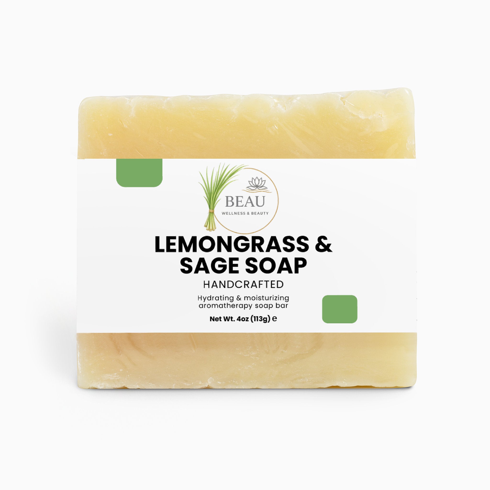 Bar of lemongrass and sage handcrafted hydrating soap with 'BEAU Wellness & Beauty' branding on a white background