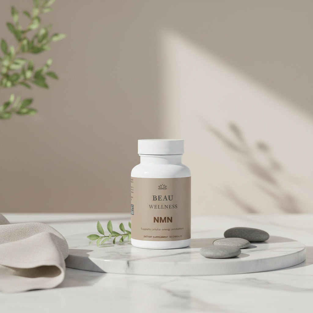 Three bottles of Beau Wellness NMN 500mg capsules for cellular energy metabolism, NAD plus production, longevity, and healthy aging support."