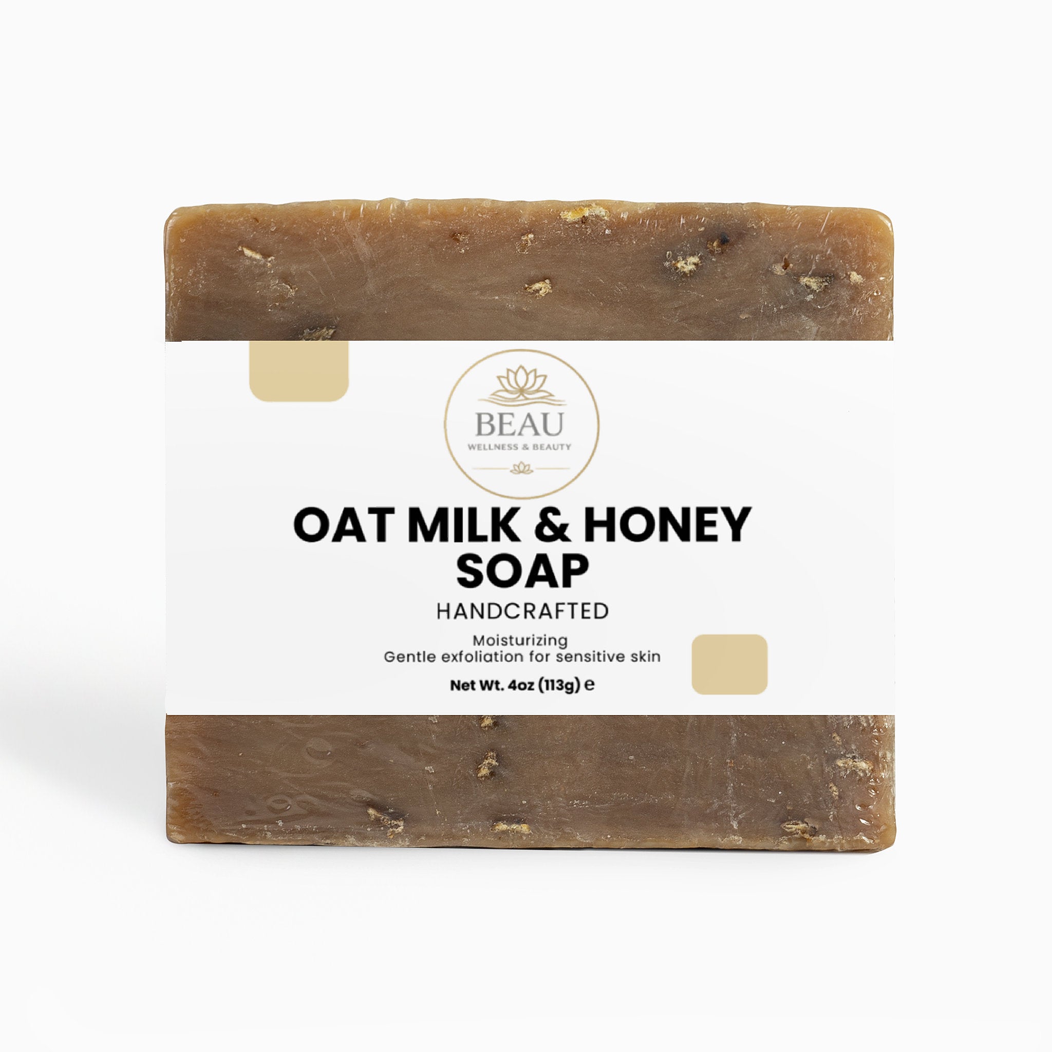 Oat milk and honey soap handcrafted  bar with 'BEAU Wellness & Beauty' branding on a white background