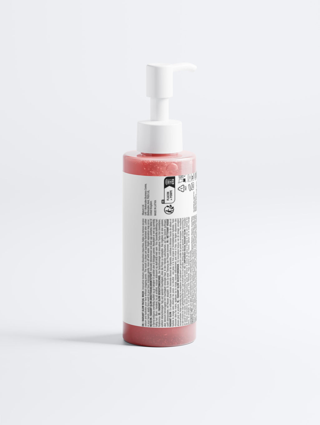 Radiant Glow face wash pump Bottle with pink liquid and white label on a light gray background