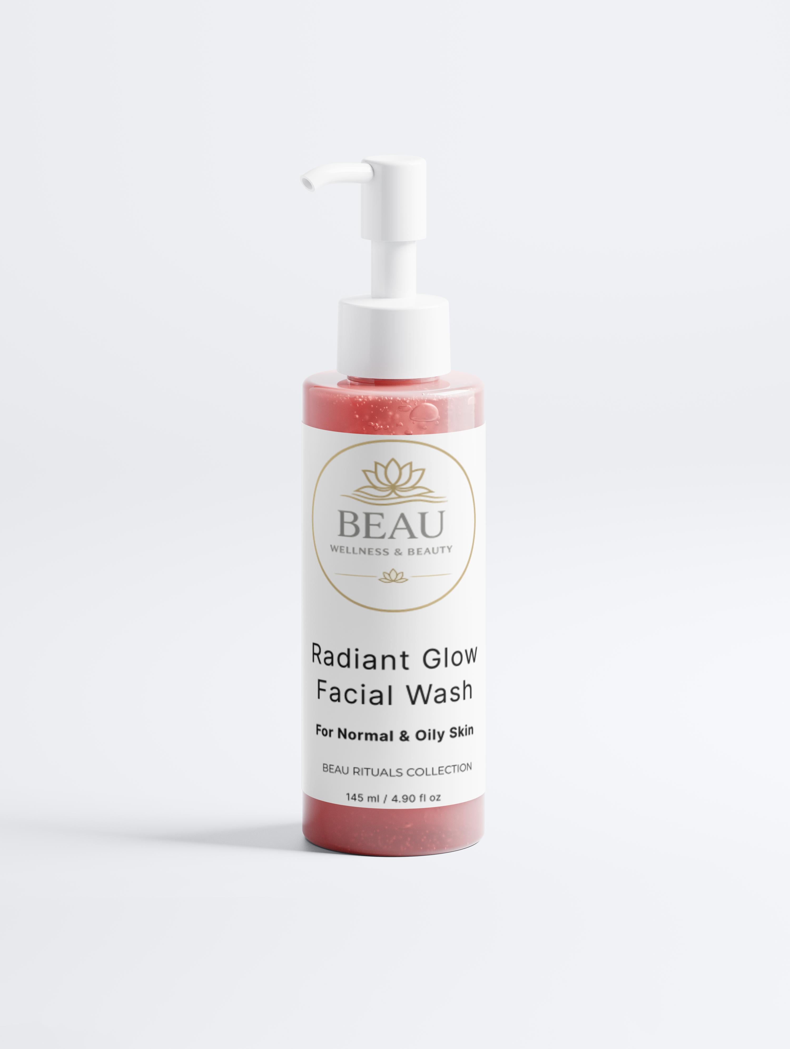 Facial wash pump bottle labeled 'Radiant Glow Facial Wash' by BEAU Wellness & Beauty on a white background