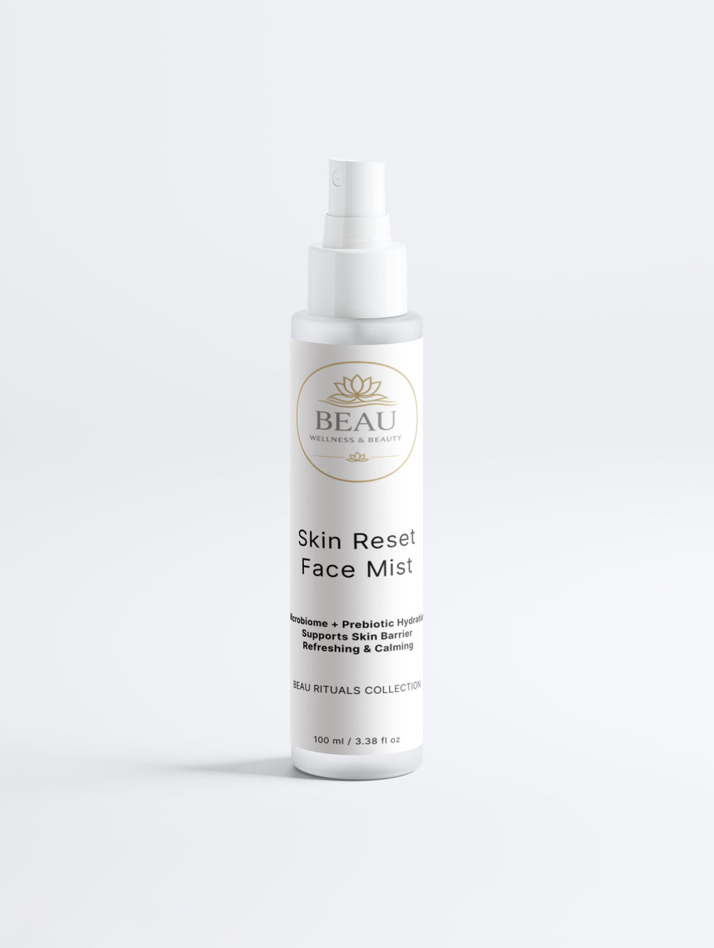 Beau Wellness and Beauty Skin Reset Face Mist. A cruelty-free and gluten-free prebiotic facial spray that balances the skin microbiome and delivers deep hydration.
