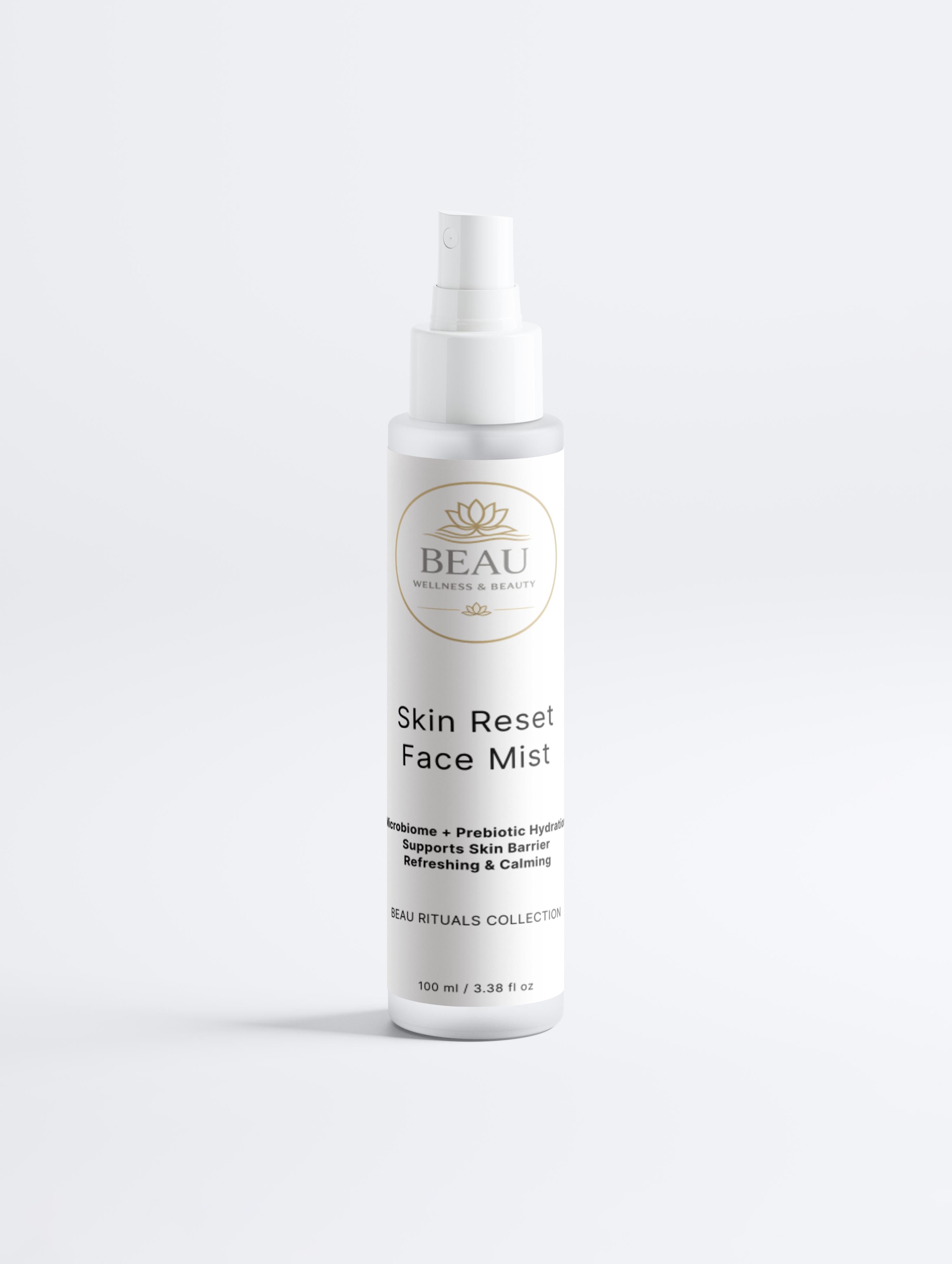 Beau Wellness and Beauty Skin Reset Face Mist. A cruelty-free and gluten-free prebiotic facial spray that balances the skin microbiome and delivers deep hydration.
