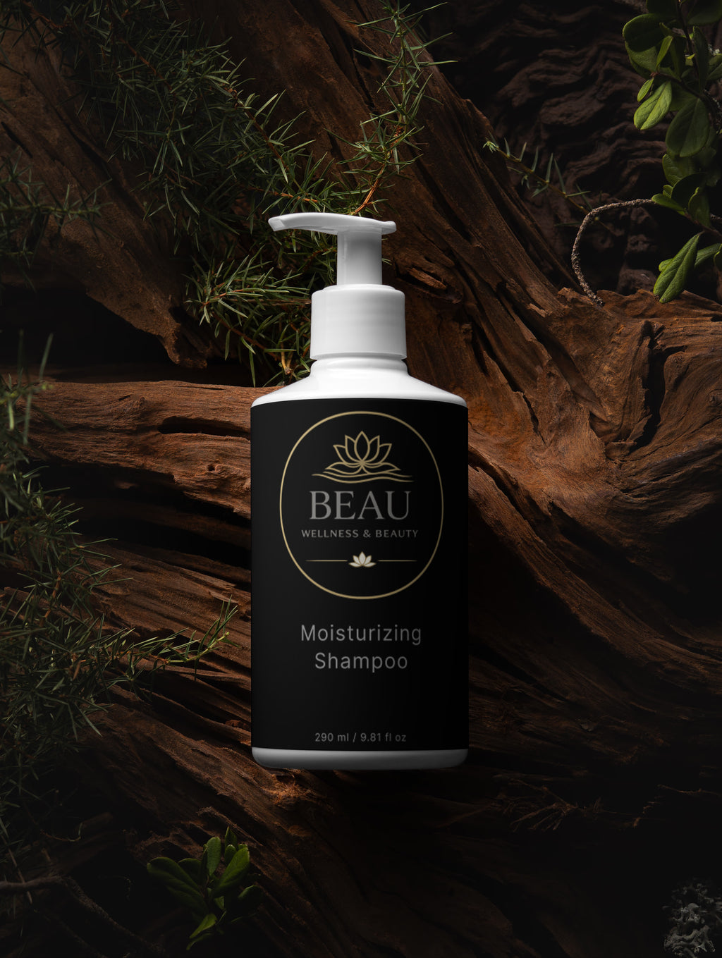 Beau Wellness & Beauty Moisturizing Shampoo with Aloe and Coconut on woody and green leaves background.