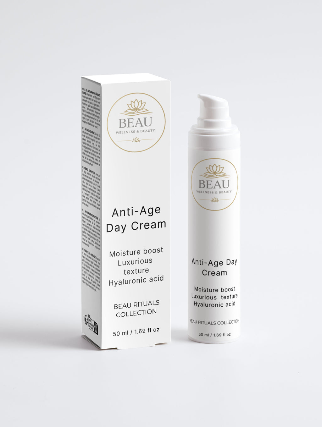 Beau Wellness & Beauty Anti-Age face cream bottle and packaging -Anti aging face cream with Hyaluronic Acid and Marine Actives.
