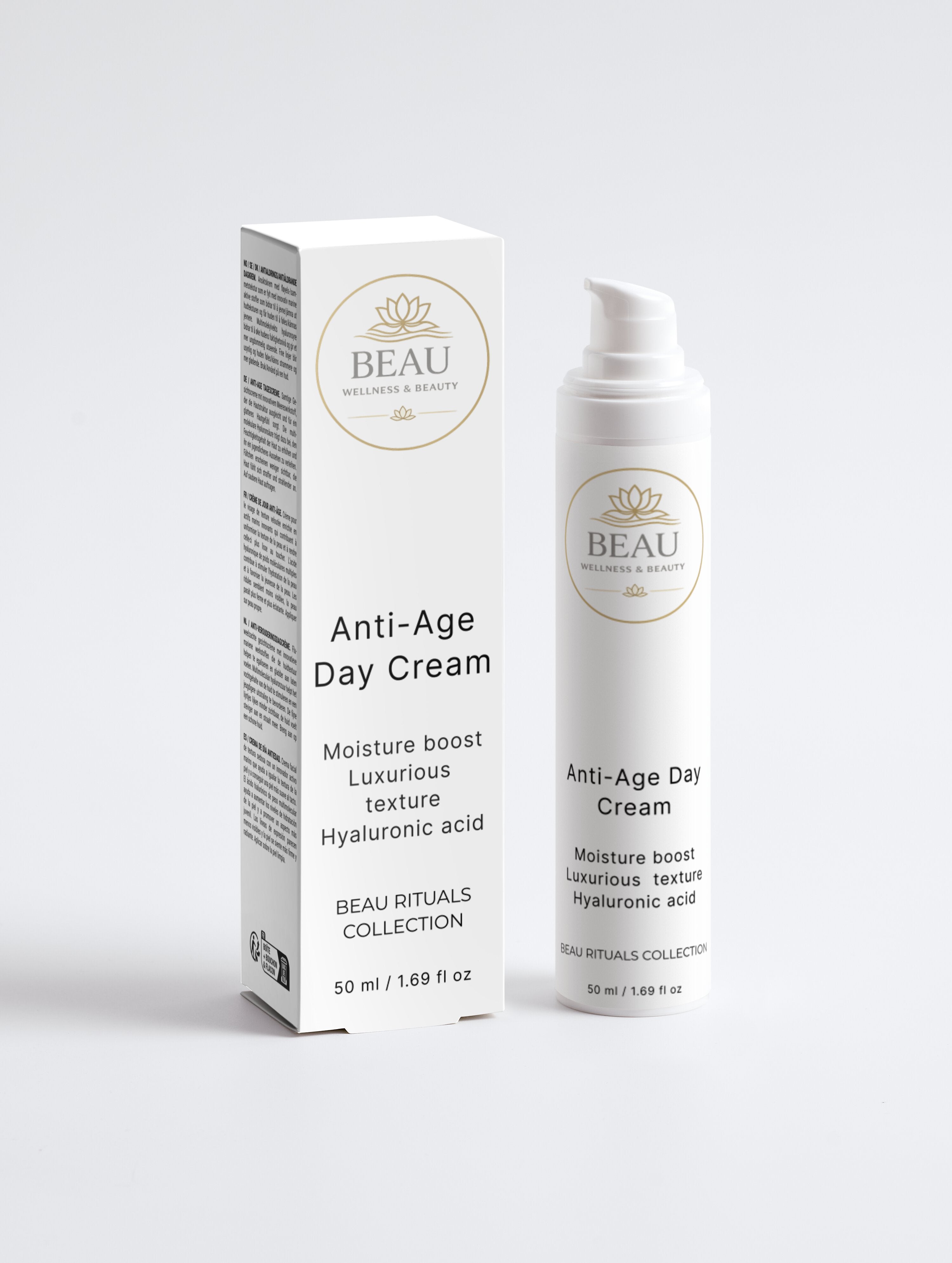Beau Wellness & Beauty Anti-Age face cream bottle and packaging -Anti aging face cream with Hyaluronic Acid and Marine Actives.