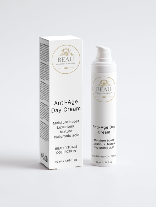 Beau Wellness & Beauty Anti-Age face cream bottle and packaging -Anti aging face cream with Hyaluronic Acid and Marine Actives.