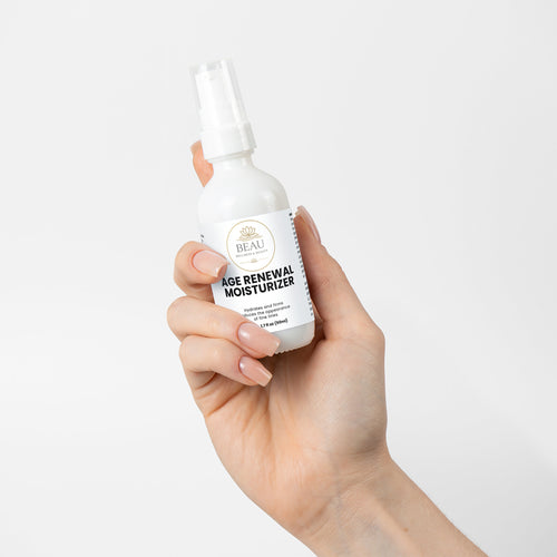  Beau Wellness and Beauty Anti-Aging Moisturizer. A luxury, cruelty-free, and alcohol-free cream with Retinol, Peptides, and Ceramides for mature skin nutrition. Held by hand on white background.


