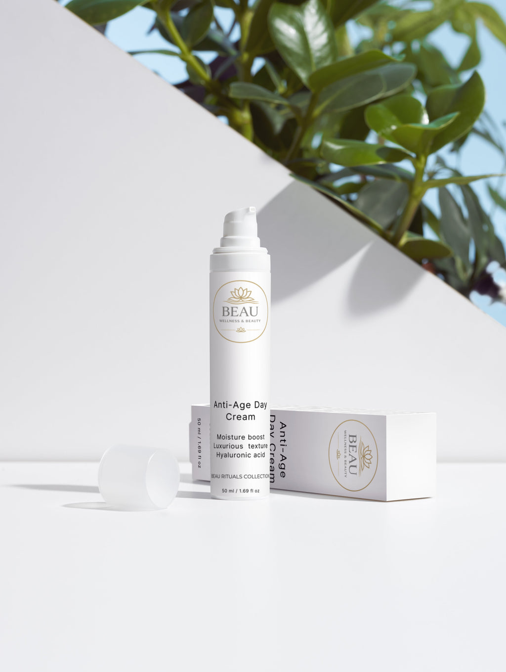 Beau Wellness & Beauty Anti-Age face cream bottle and packaging -Anti aging face cream with Hyaluronic Acid and Marine Actives.