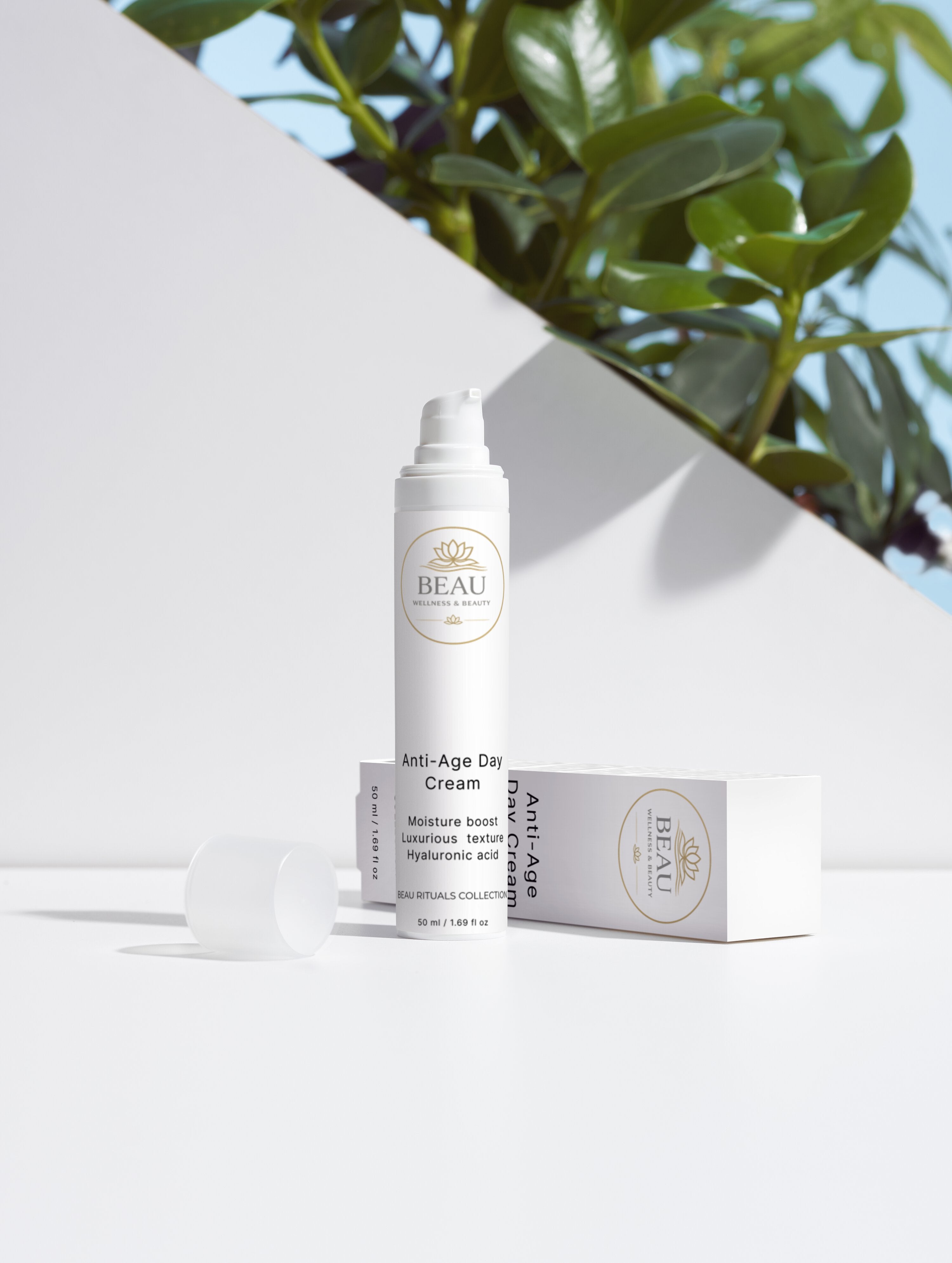 Beau Wellness & Beauty Anti-Age face cream bottle and packaging -Anti aging face cream with Hyaluronic Acid and Marine Actives.