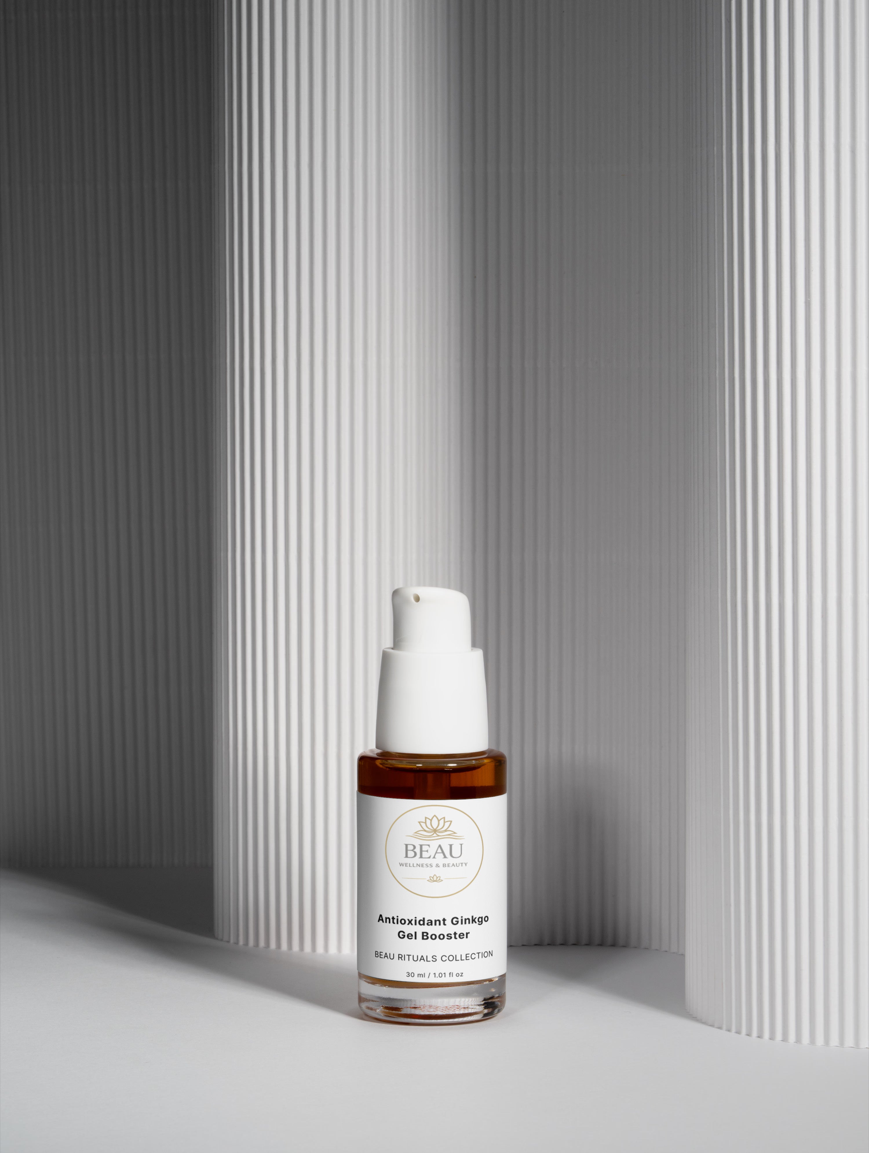 Beau Wellness & Beauty Antioxidant Ginkgo Gel Booster skincare bottle on a gray background