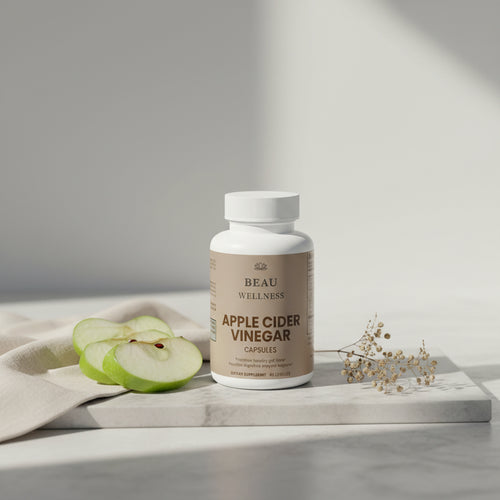 Three bottles of Beau Wellness Apple Cider Vinegar capsules on a white background