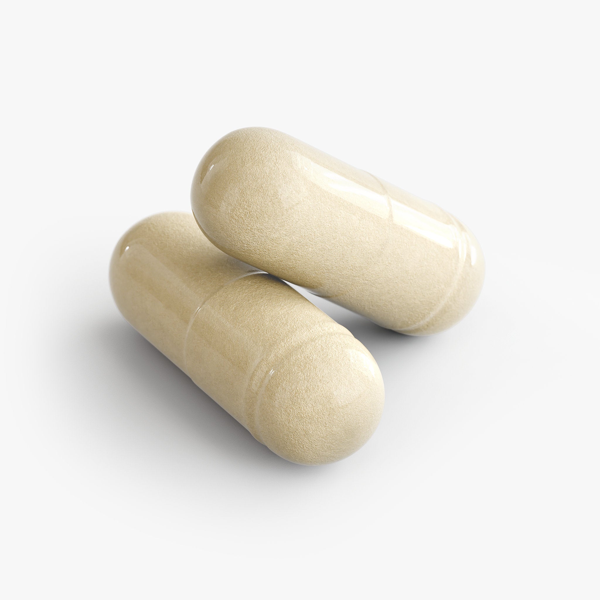 Two beige capsules of Beau Wellness Apple Cider Vinegar supplements on a white background