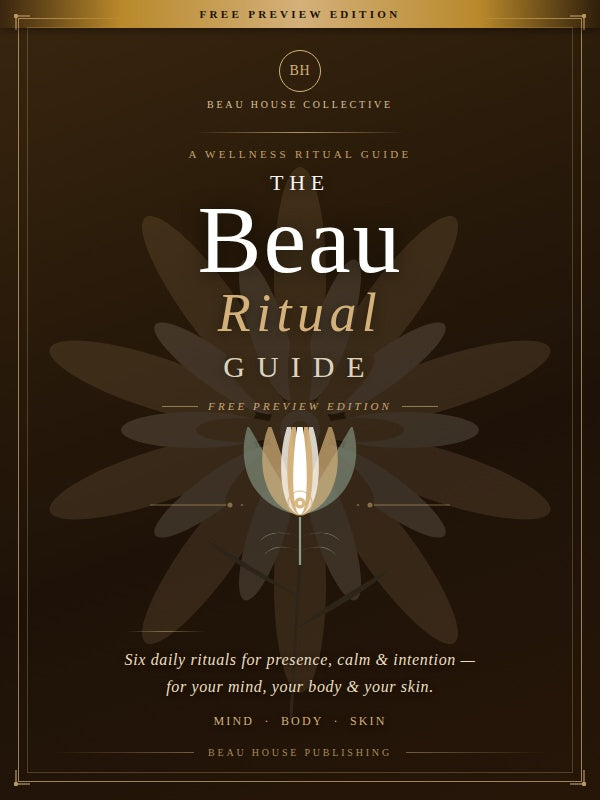 The Beau Ritual Guide Free Preview Edition digital book cover by Beau House Publishing.⁠with a flower design on a dark background