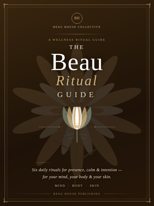 The Beau Ritual Guide digital book cover for creating daily self-care rituals for mind, body, & skin by Beau House Publishing.⁠ with a dark background and floral design.