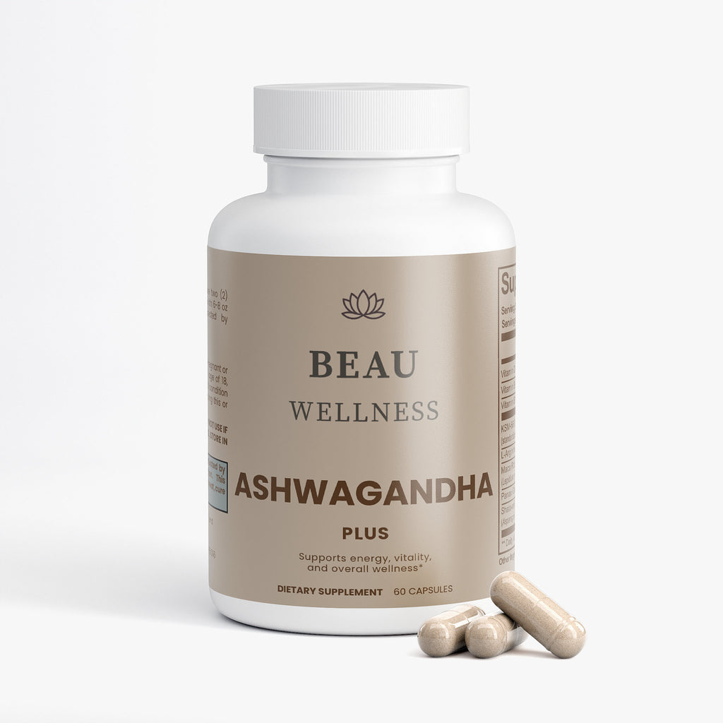 Beau Wellness Ashwagandha Plus Capsules with KSM-66 and Maca Root for Stress Relief on white background.