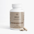 Beau Wellness Ashwagandha Plus Capsules with KSM-66 and Maca Root for Stress Relief on white background.